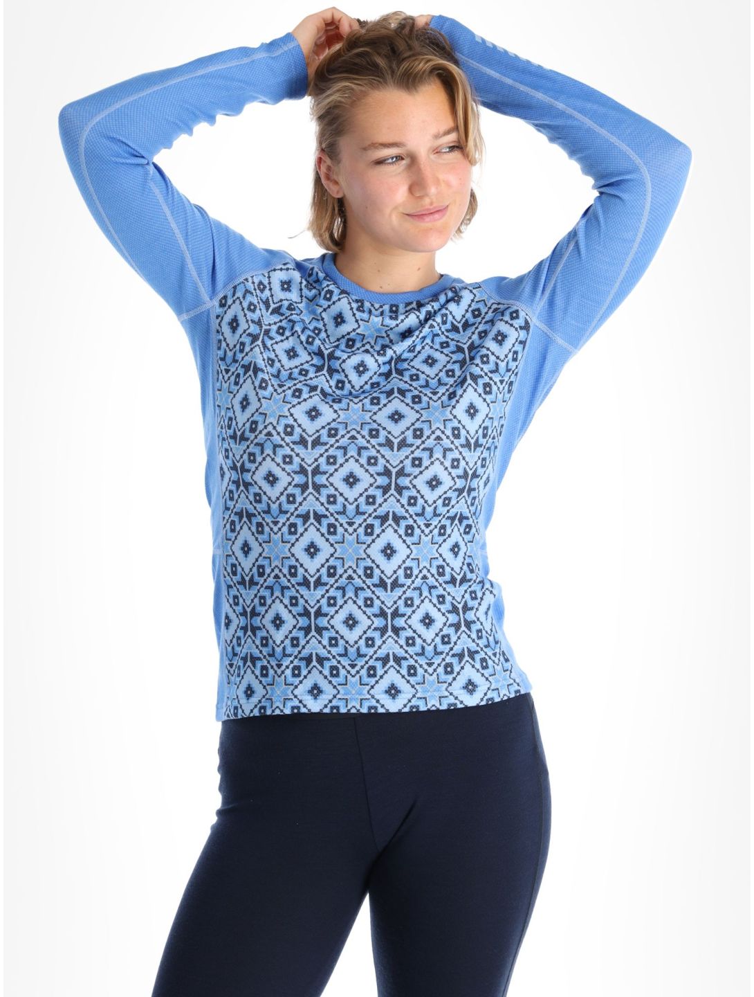 Helly Hansen, Lifa Merino Midweight Graphic camisa termoactiva mujeres Ultra Blue Star Pixel azul 