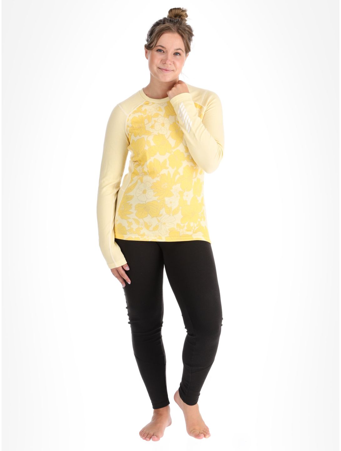 Helly Hansen, W Lifa Merino Midweight Graphics Crew camisa termoactiva mujeres Yellow Cream Floral AOP amarillo 