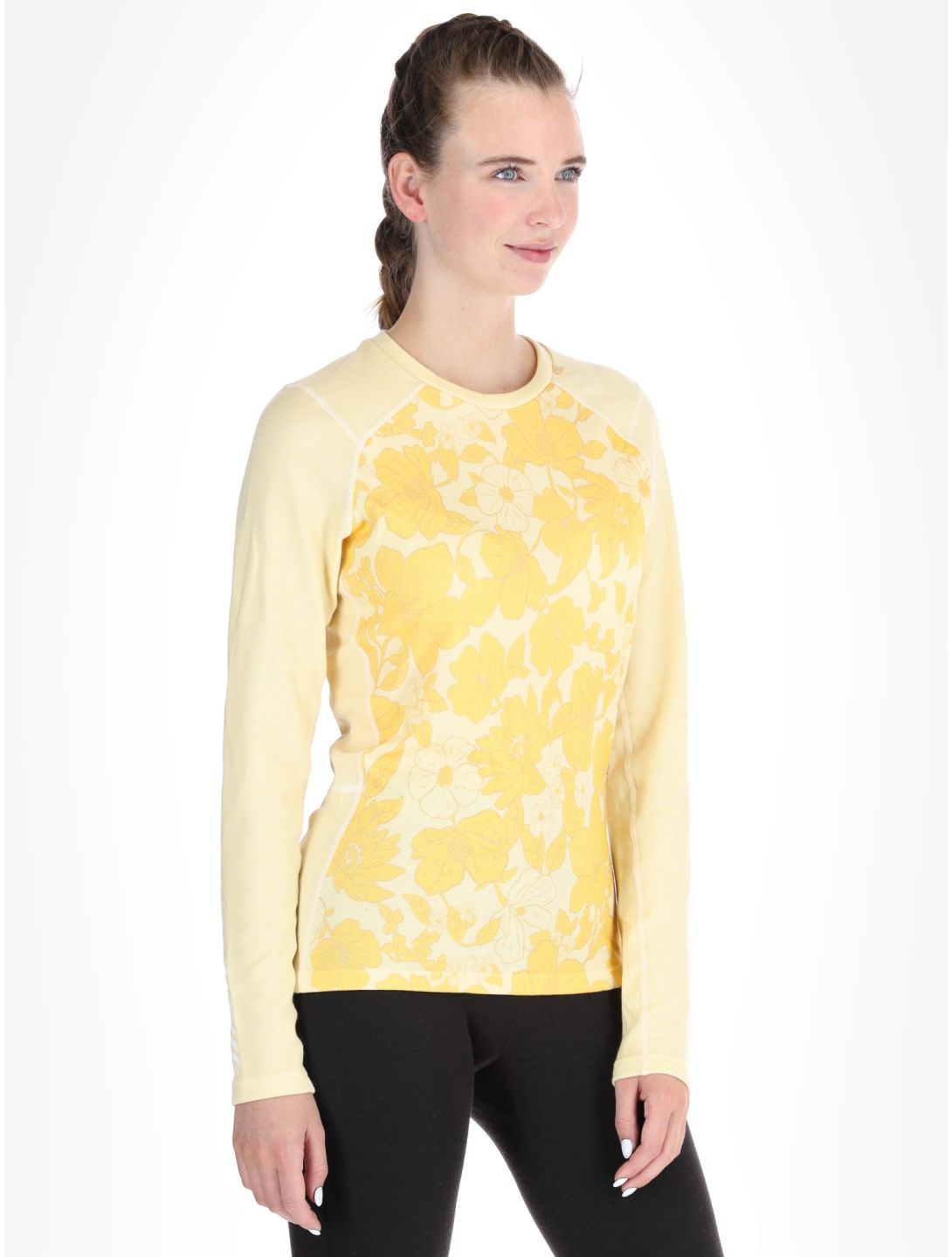 Helly Hansen, W Lifa Merino Midweight Graphics Crew camisa termoactiva mujeres Yellow Cream Floral AOP amarillo 