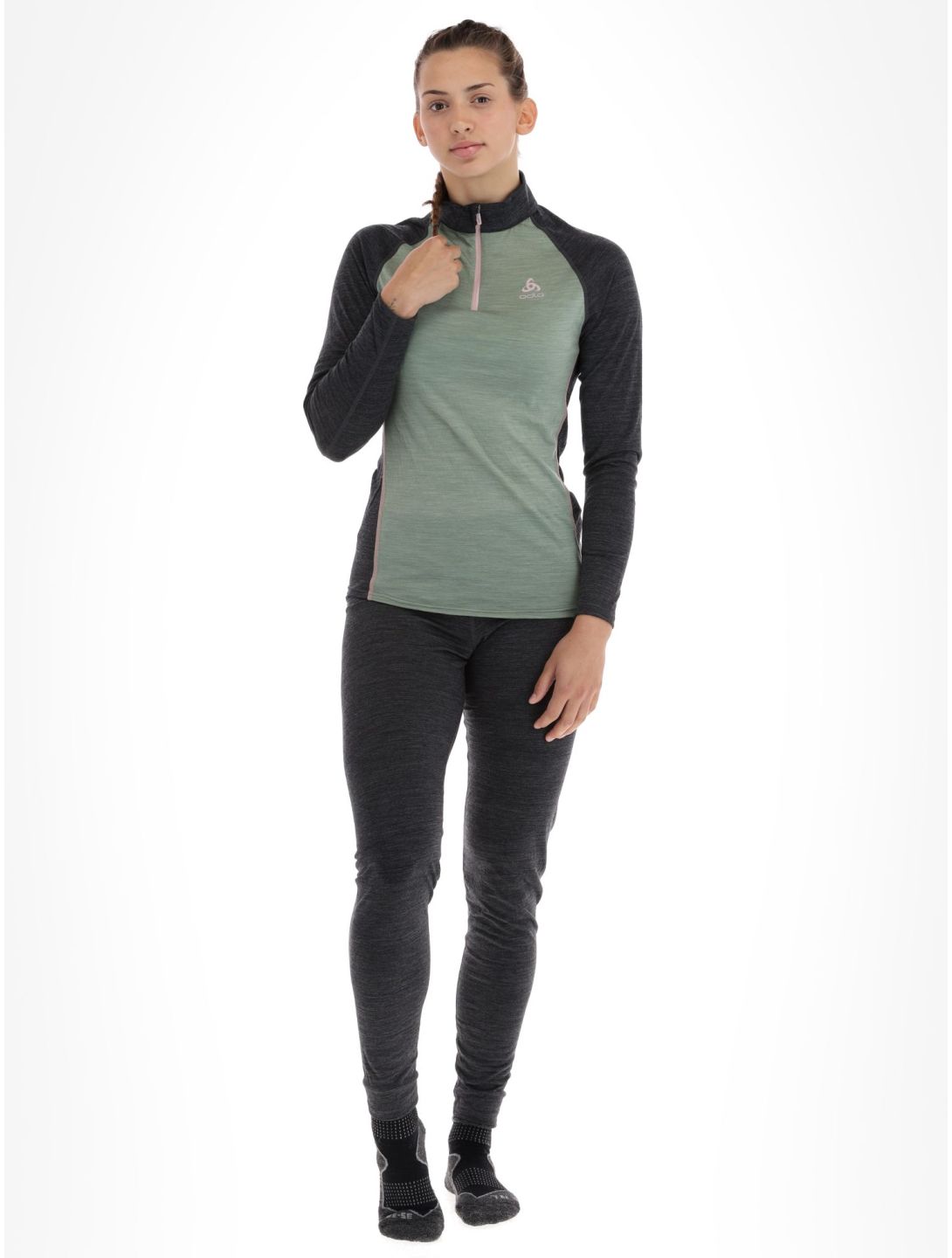 Odlo, Natural Performance PW 150 jersey mujeres Matte Green - Dark Grey Melange gris, verde 