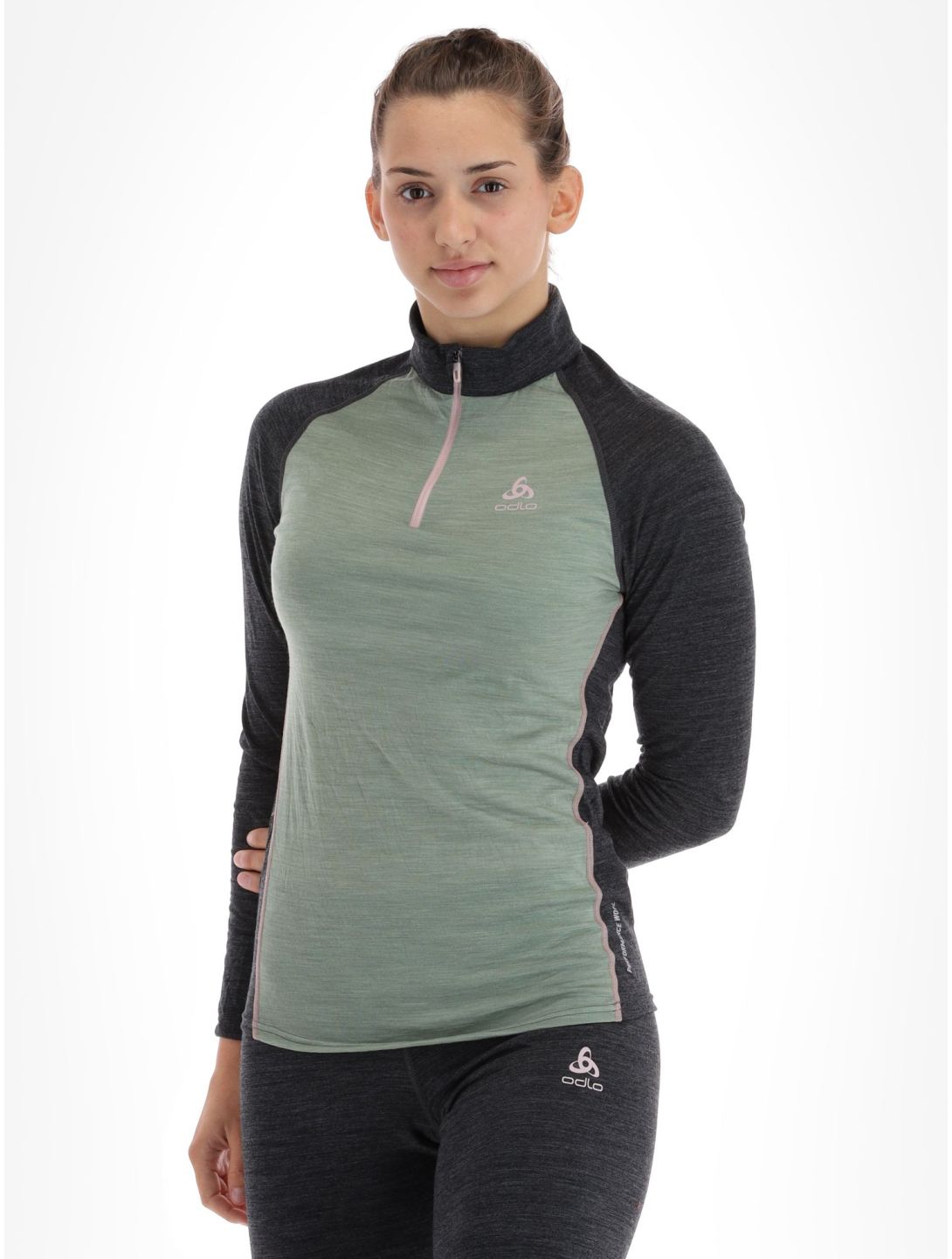 Odlo, Natural Performance PW 150 jersey mujeres Matte Green - Dark Grey Melange gris, verde 