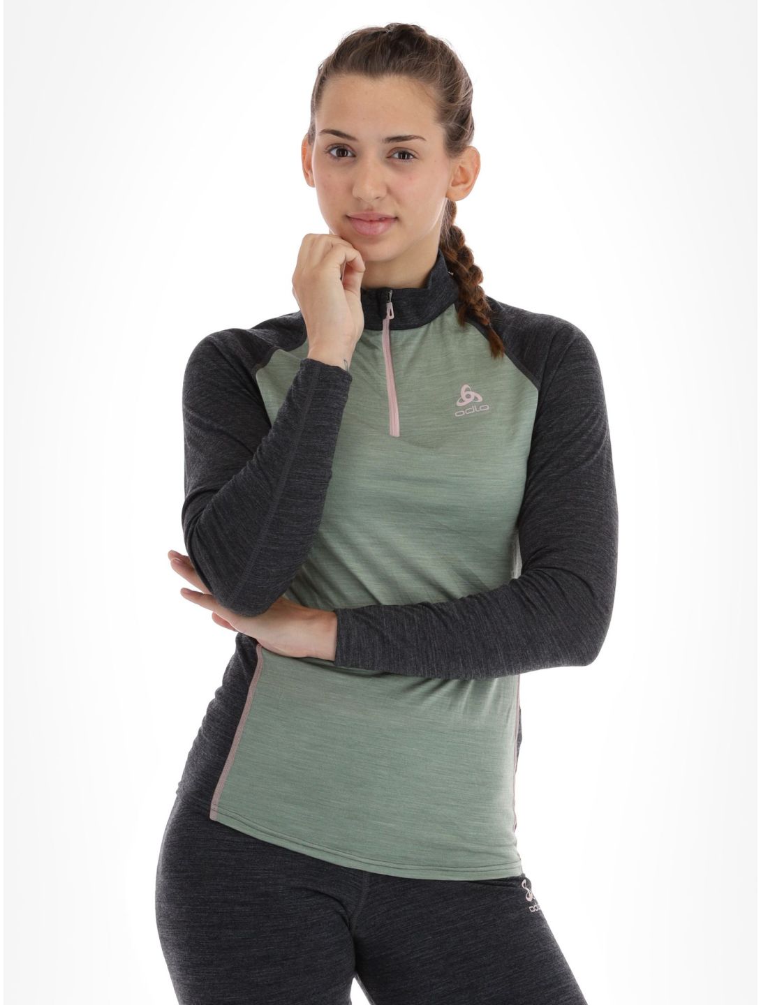 Odlo, Natural Performance PW 150 jersey mujeres Matte Green - Dark Grey Melange gris, verde 