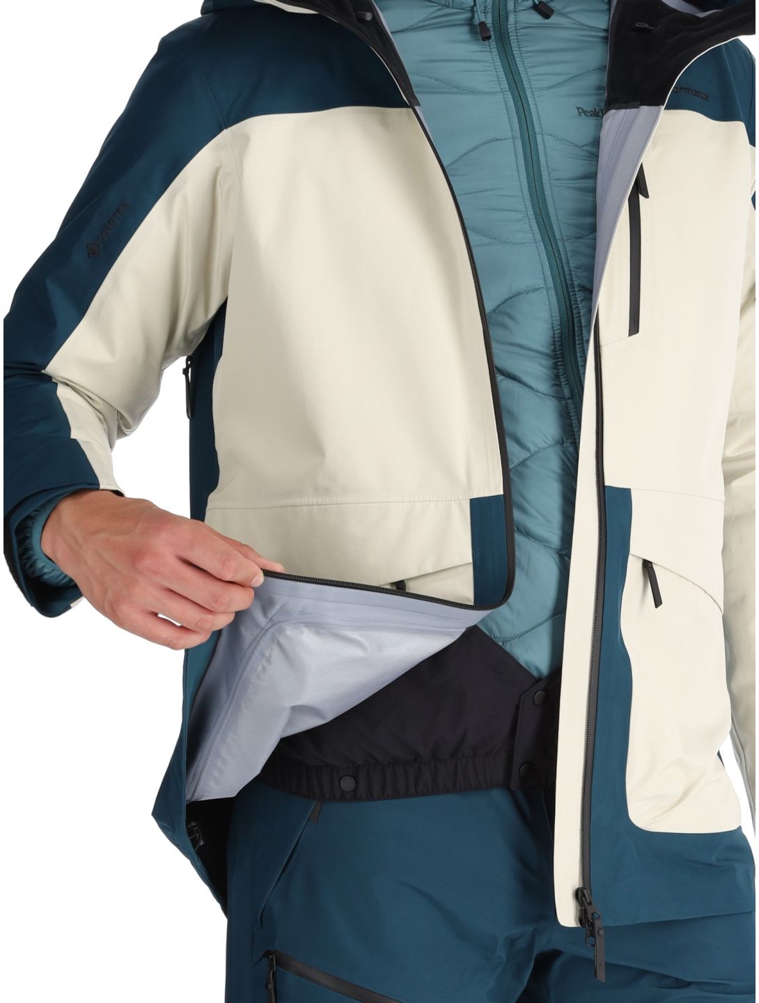 Peak Performance, M Vertical Gore-Tex 3L chaqueta de esquí hardshell hombres Infinity Teel / Sand Fog azul, beige 