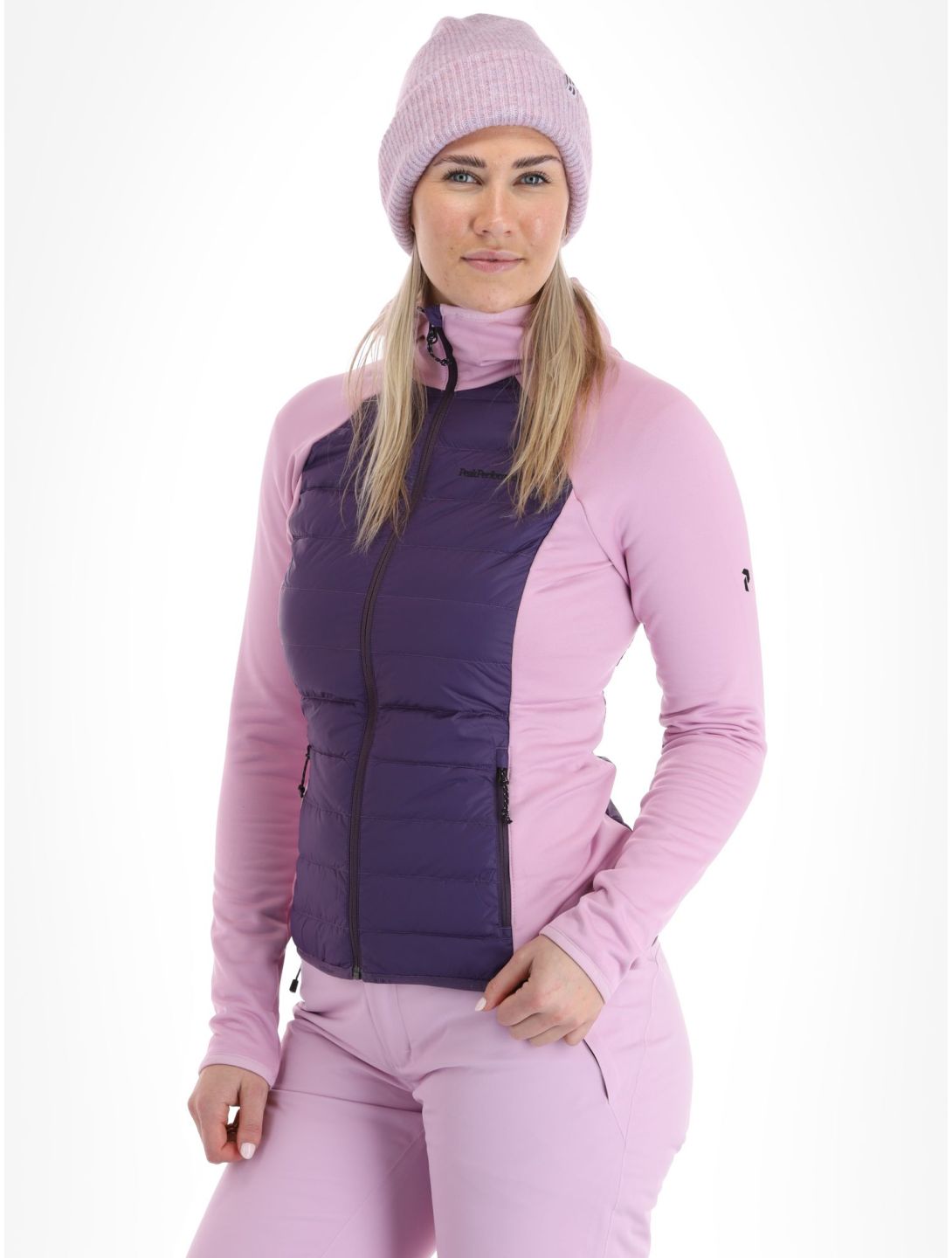 Peak Performance, W Down Hybrid Hood chaleco mujeres Indigo Statice Lilac rosa 