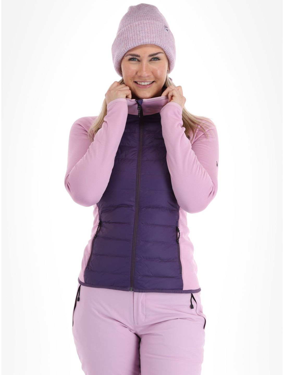 Peak Performance, W Down Hybrid Hood chaleco mujeres Indigo Statice Lilac rosa 