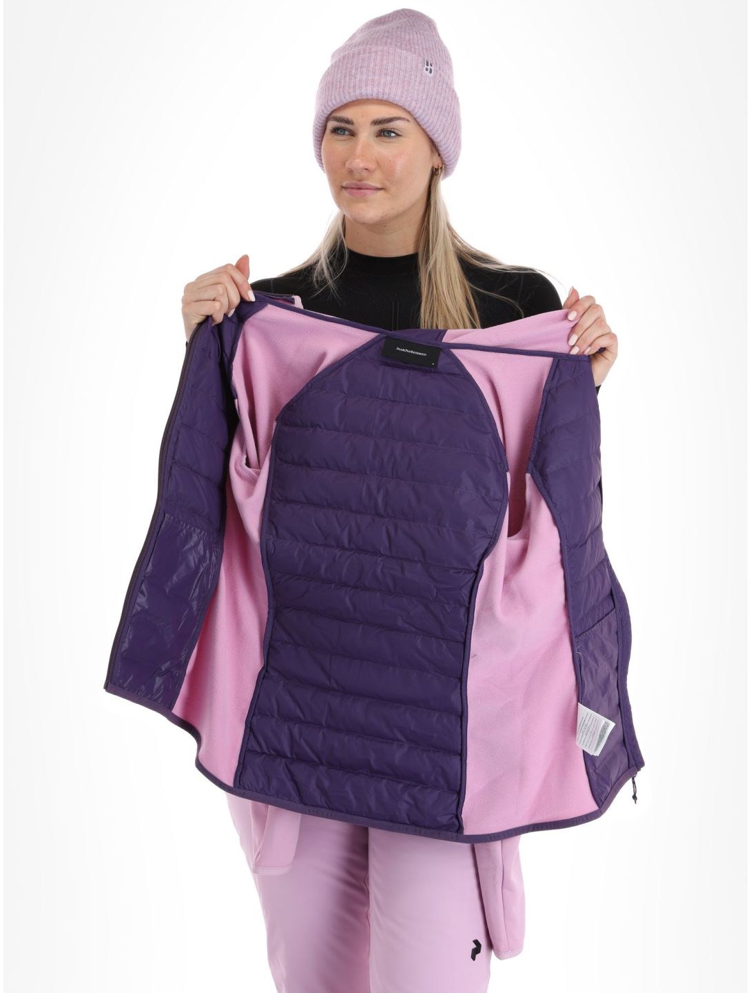 Peak Performance, W Down Hybrid Hood chaleco mujeres Indigo Statice Lilac rosa 