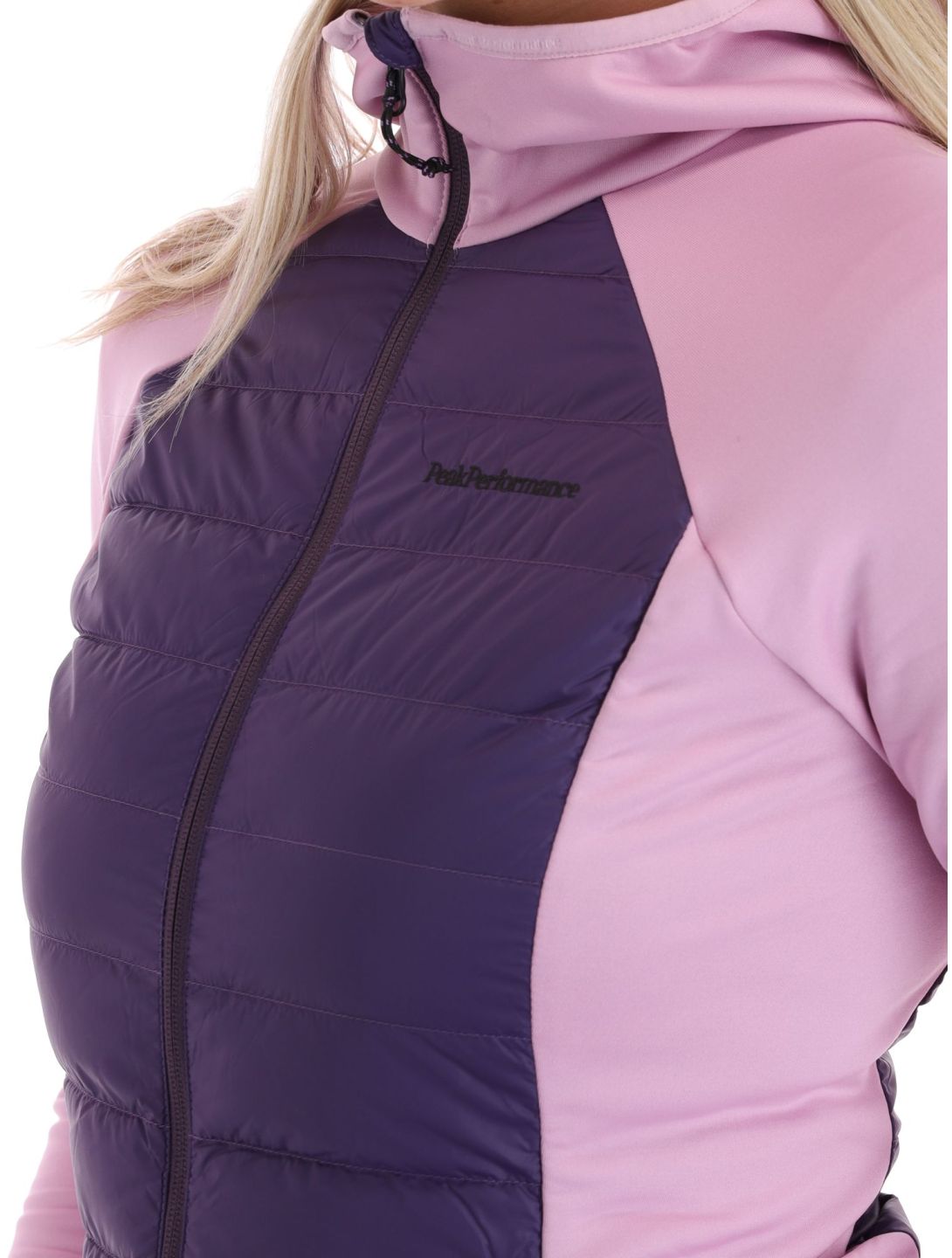 Peak Performance, W Down Hybrid Hood chaleco mujeres Indigo Statice Lilac rosa 