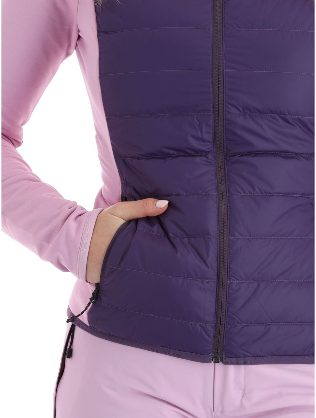 Peak Performance, W Down Hybrid Hood chaleco mujeres Indigo Statice Lilac rosa 