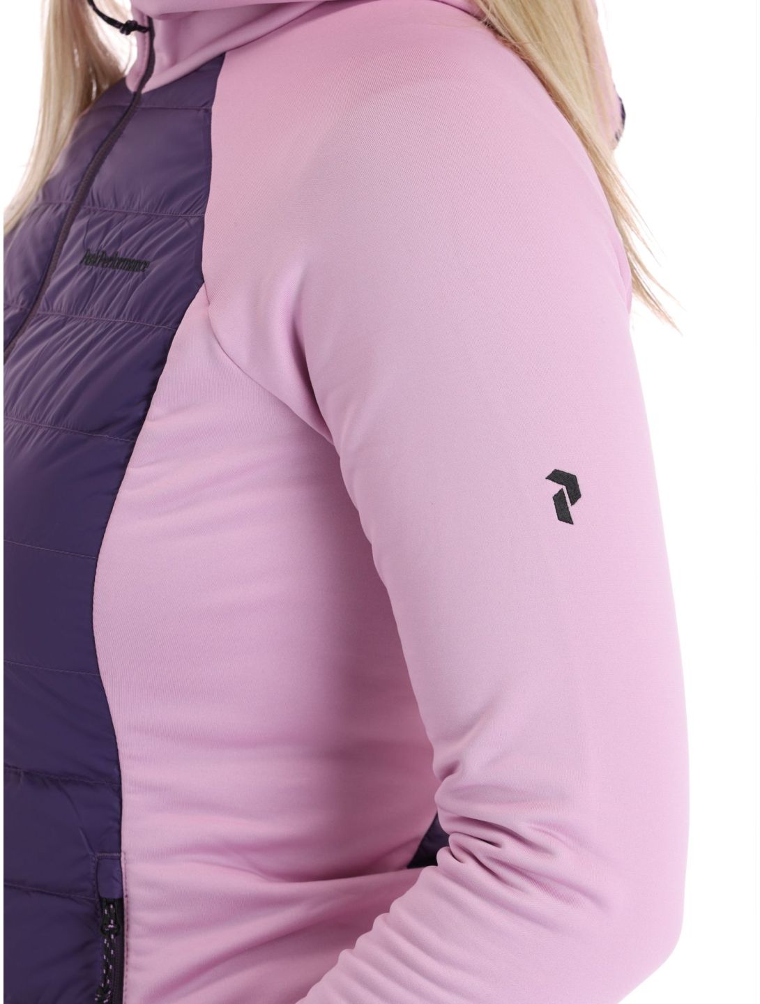 Peak Performance, W Down Hybrid Hood chaleco mujeres Indigo Statice Lilac rosa 