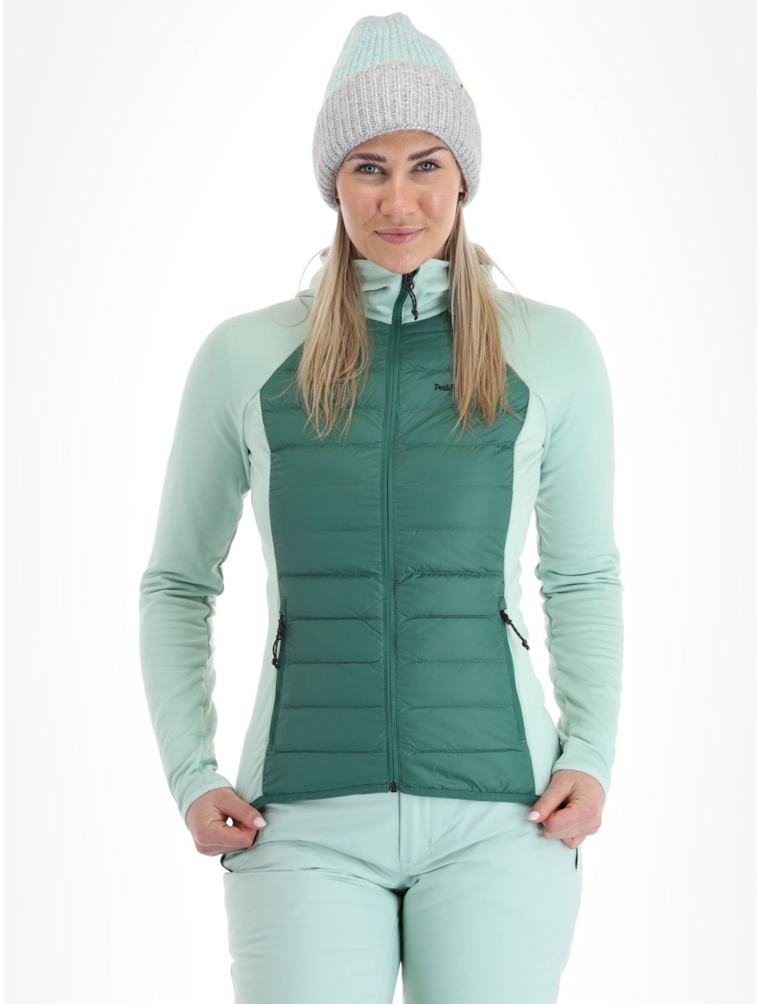 Peak Performance, W Down Hybrid Hood chaleco mujeres Smoke Pine Delta Green verde 