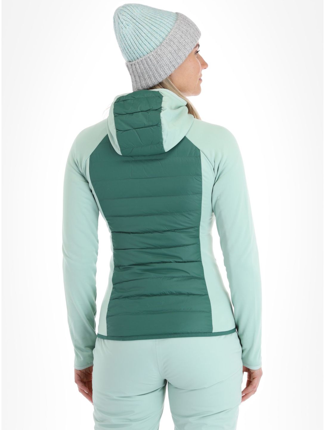 Peak Performance, W Down Hybrid Hood chaleco mujeres Smoke Pine Delta Green verde 