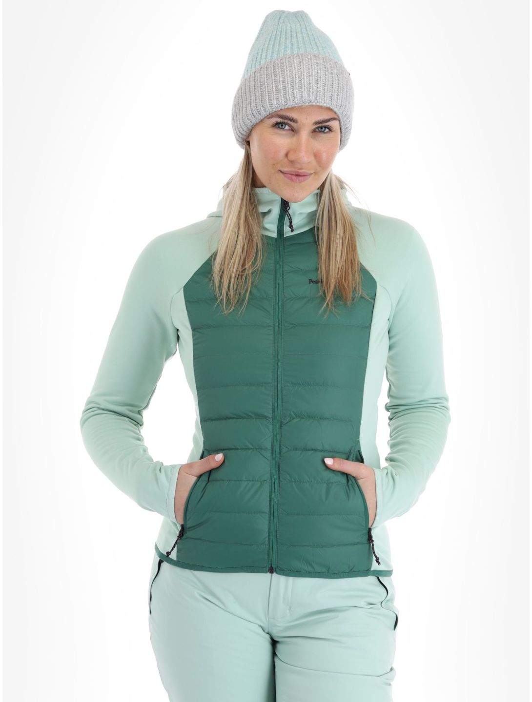 Peak Performance, W Down Hybrid Hood chaleco mujeres Smoke Pine Delta Green verde 