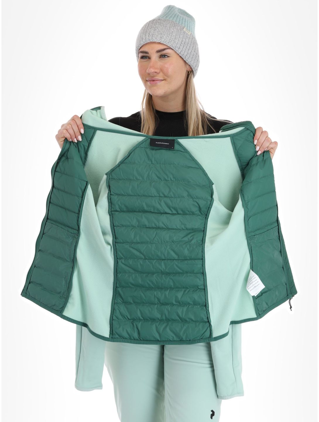 Peak Performance, W Down Hybrid Hood chaleco mujeres Smoke Pine Delta Green verde 