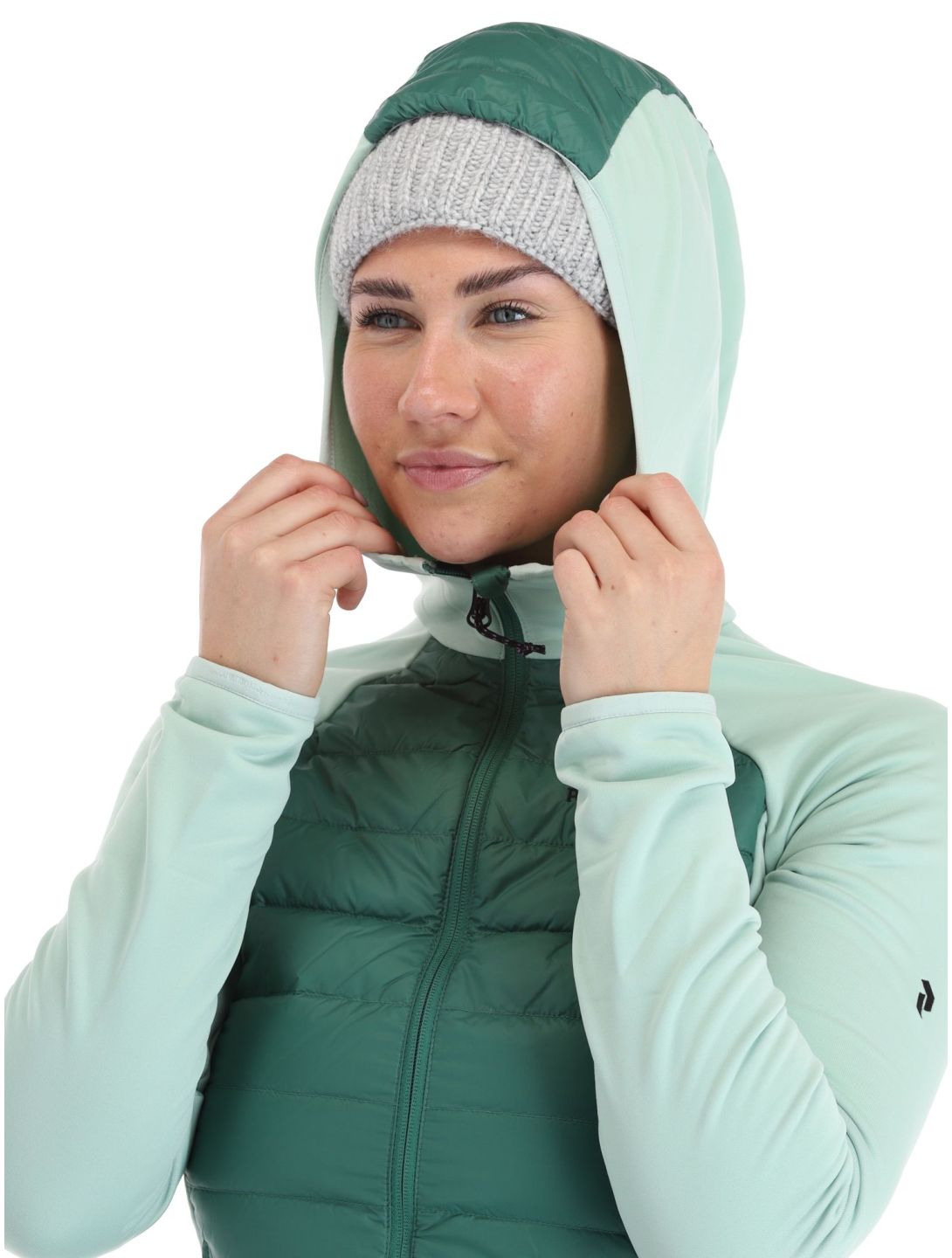 Peak Performance, W Down Hybrid Hood chaleco mujeres Smoke Pine Delta Green verde 