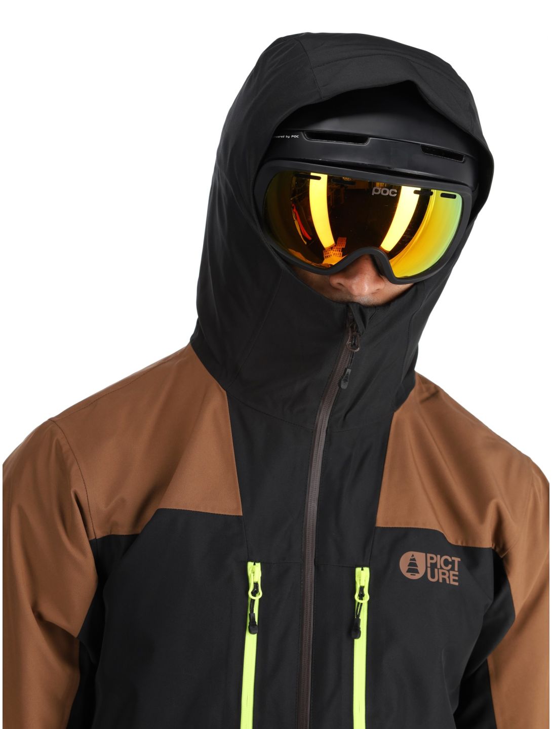 Picture, Object chaqueta de esquí hombres Cocoa Brown Black Acid Lime amarillo, marrón, negro 