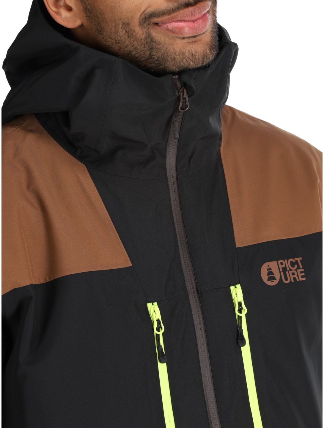 Picture, Object chaqueta de esquí hombres Cocoa Brown Black Acid Lime amarillo, marrón, negro 