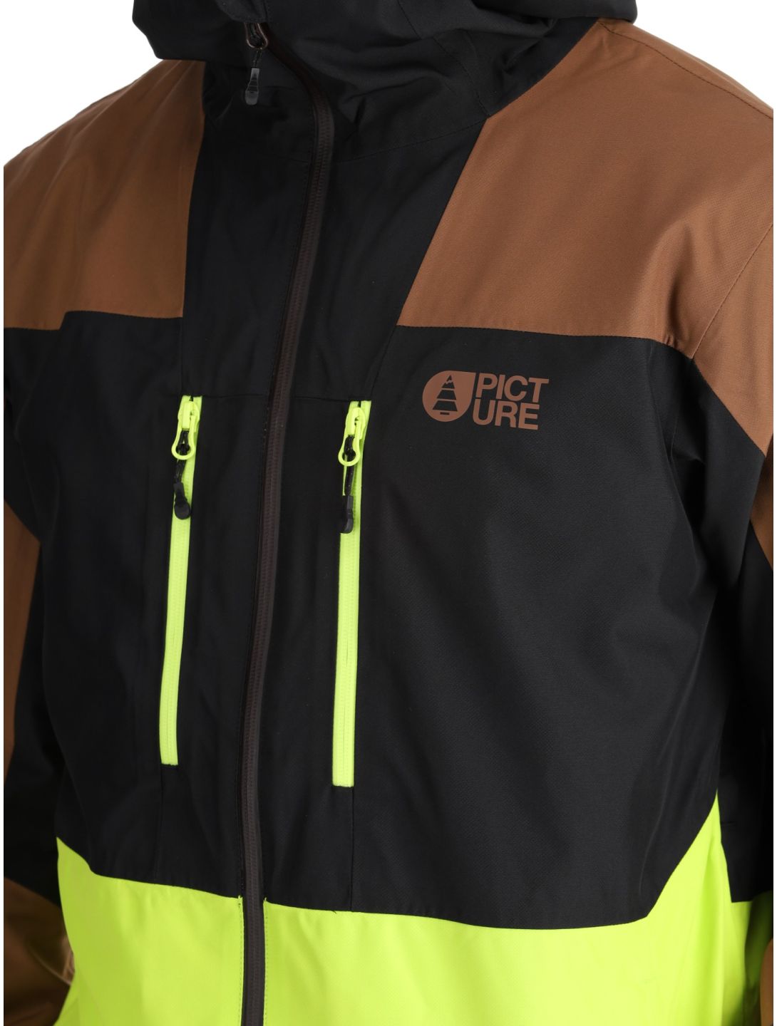 Picture, Object chaqueta de esquí hombres Cocoa Brown Black Acid Lime amarillo, marrón, negro 