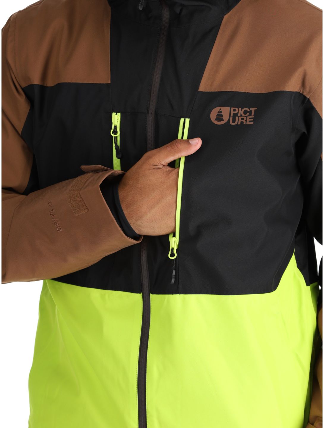 Picture, Object chaqueta de esquí hombres Cocoa Brown Black Acid Lime amarillo, marrón, negro 