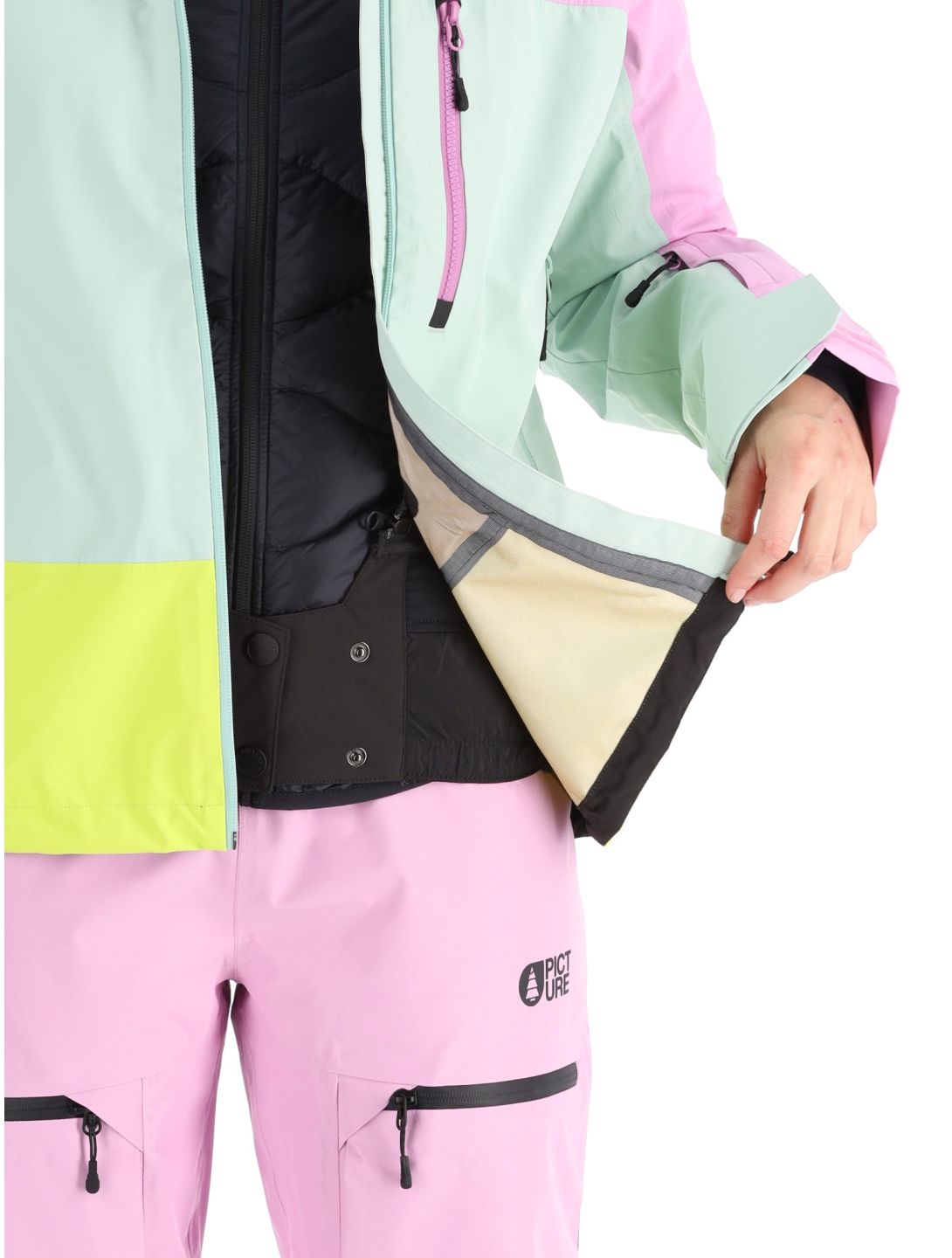 Picture, Sylva 3L chaqueta de esquí hardshell mujeres Orchid Silt Green Acid Lime gris, rosa, verde 