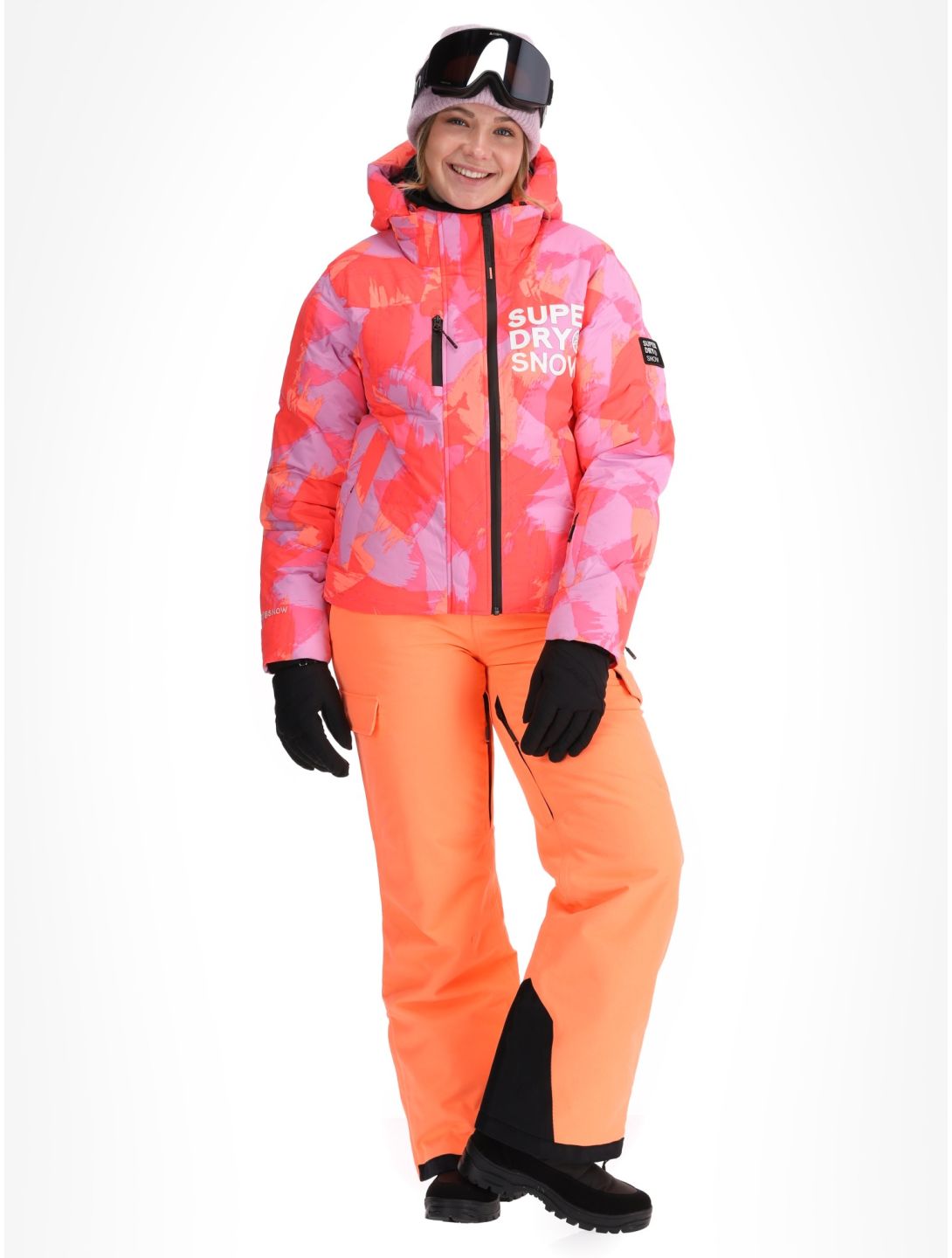 Superdry, Hooded Ski Boxy Puffer chaqueta de esquí mujeres Brush Camo Coral rosa 