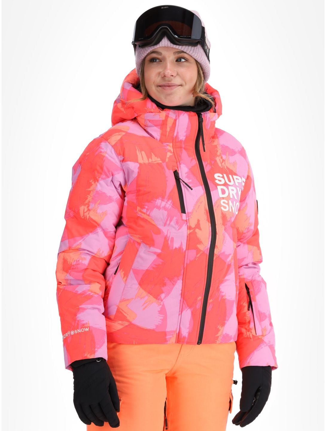 Superdry, Hooded Ski Boxy Puffer chaqueta de esquí mujeres Brush Camo Coral rosa 