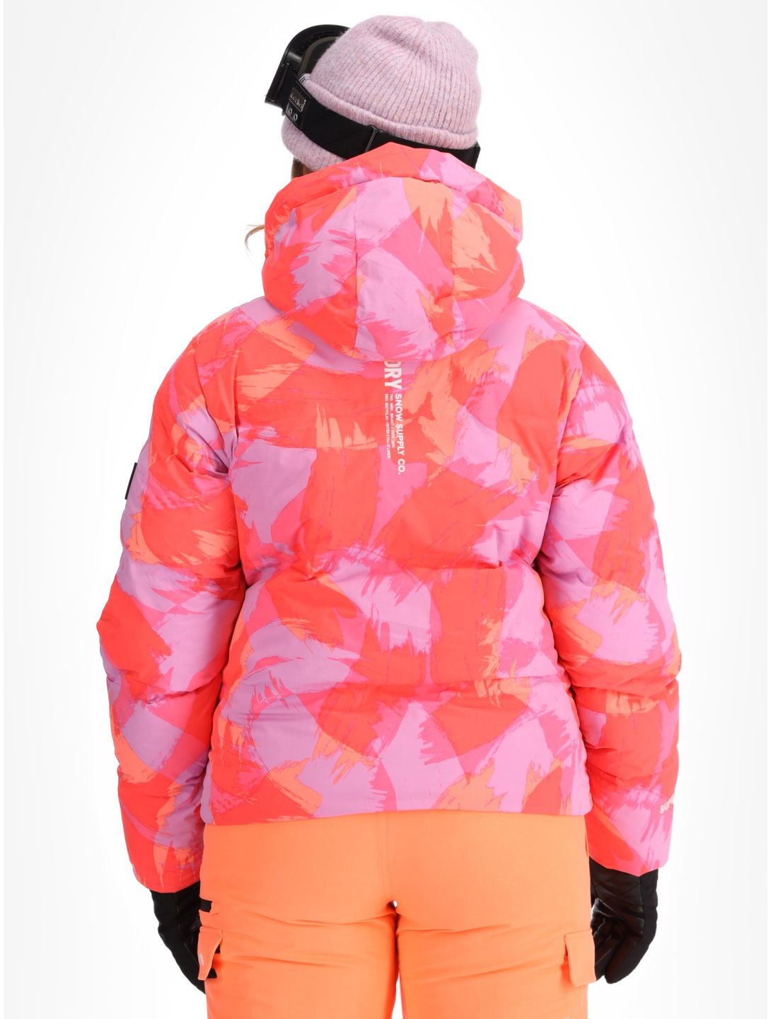 Superdry, Hooded Ski Boxy Puffer chaqueta de esquí mujeres Brush Camo Coral rosa 