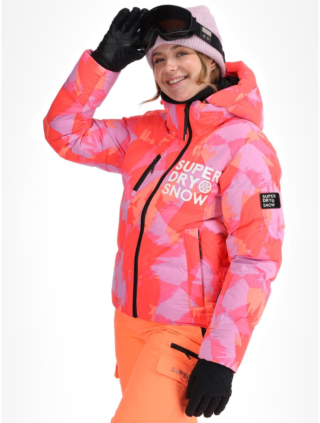 Superdry, Hooded Ski Boxy Puffer chaqueta de esquí mujeres Brush Camo Coral rosa 