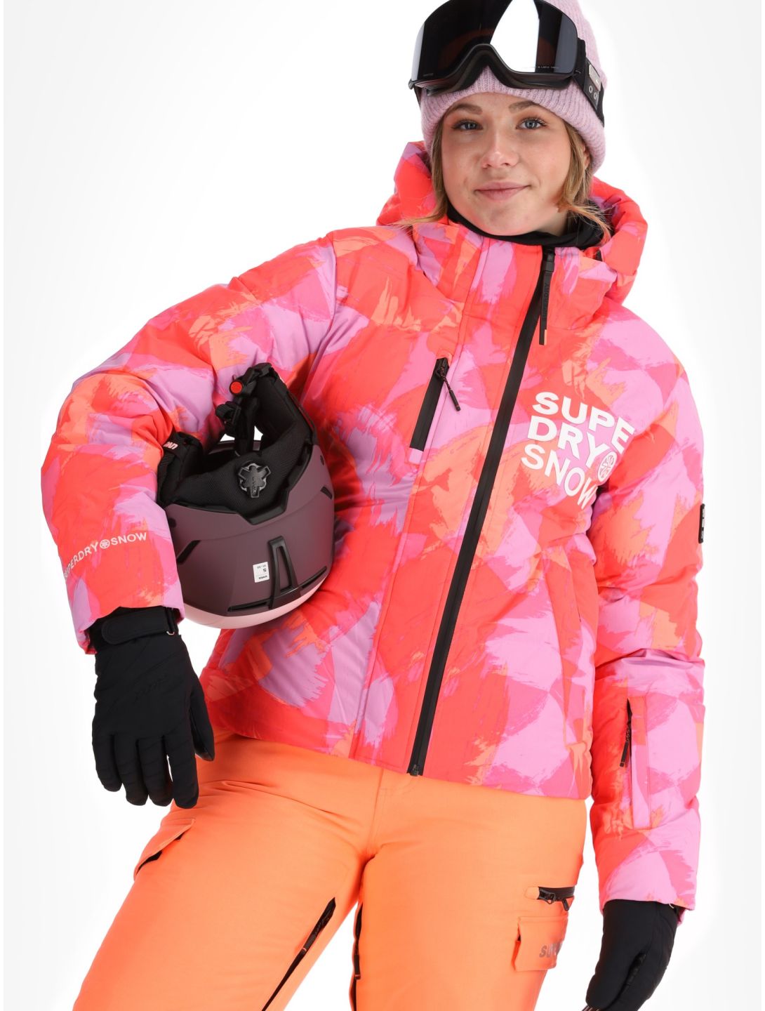 Superdry, Hooded Ski Boxy Puffer chaqueta de esquí mujeres Brush Camo Coral rosa 