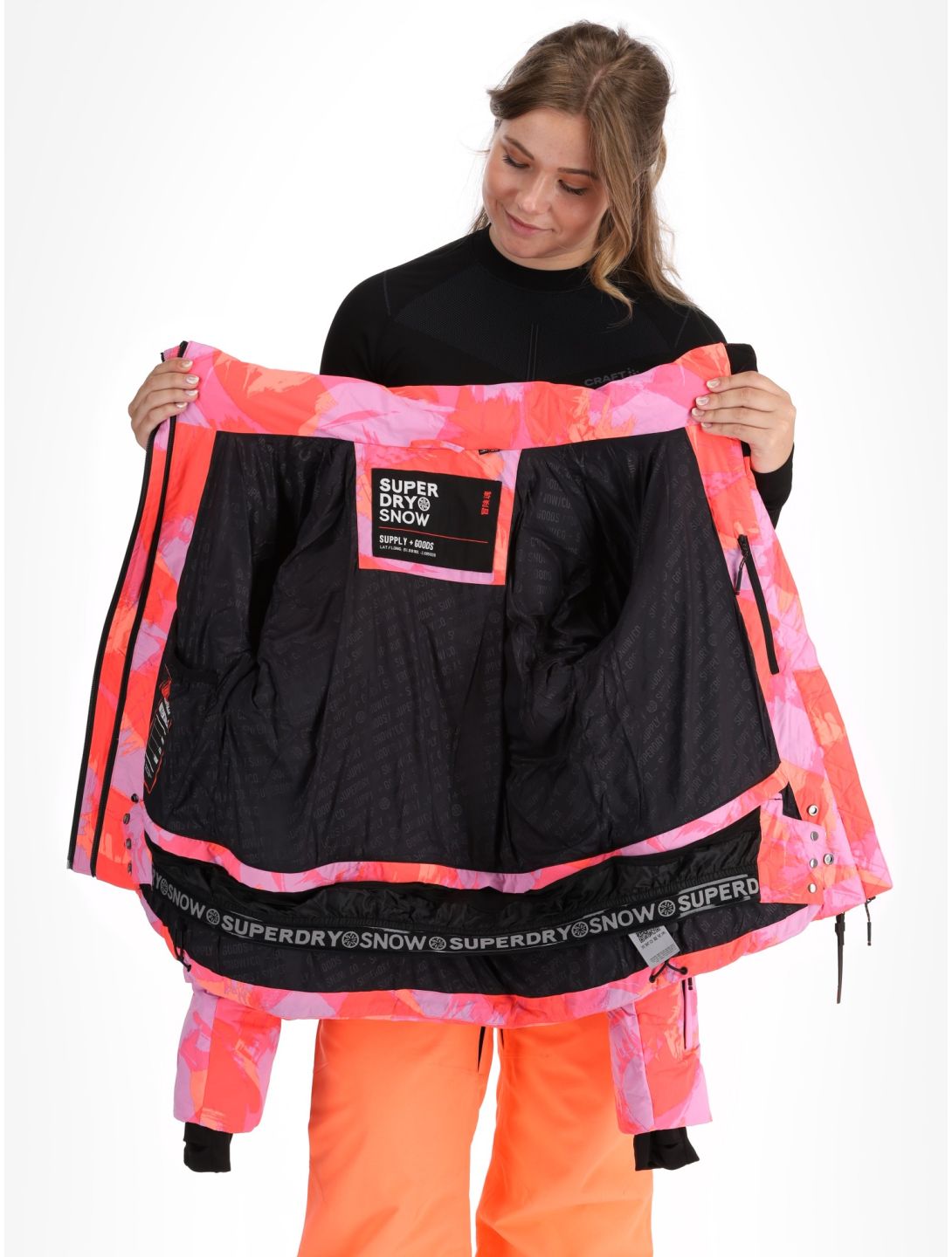 Superdry, Hooded Ski Boxy Puffer chaqueta de esquí mujeres Brush Camo Coral rosa 