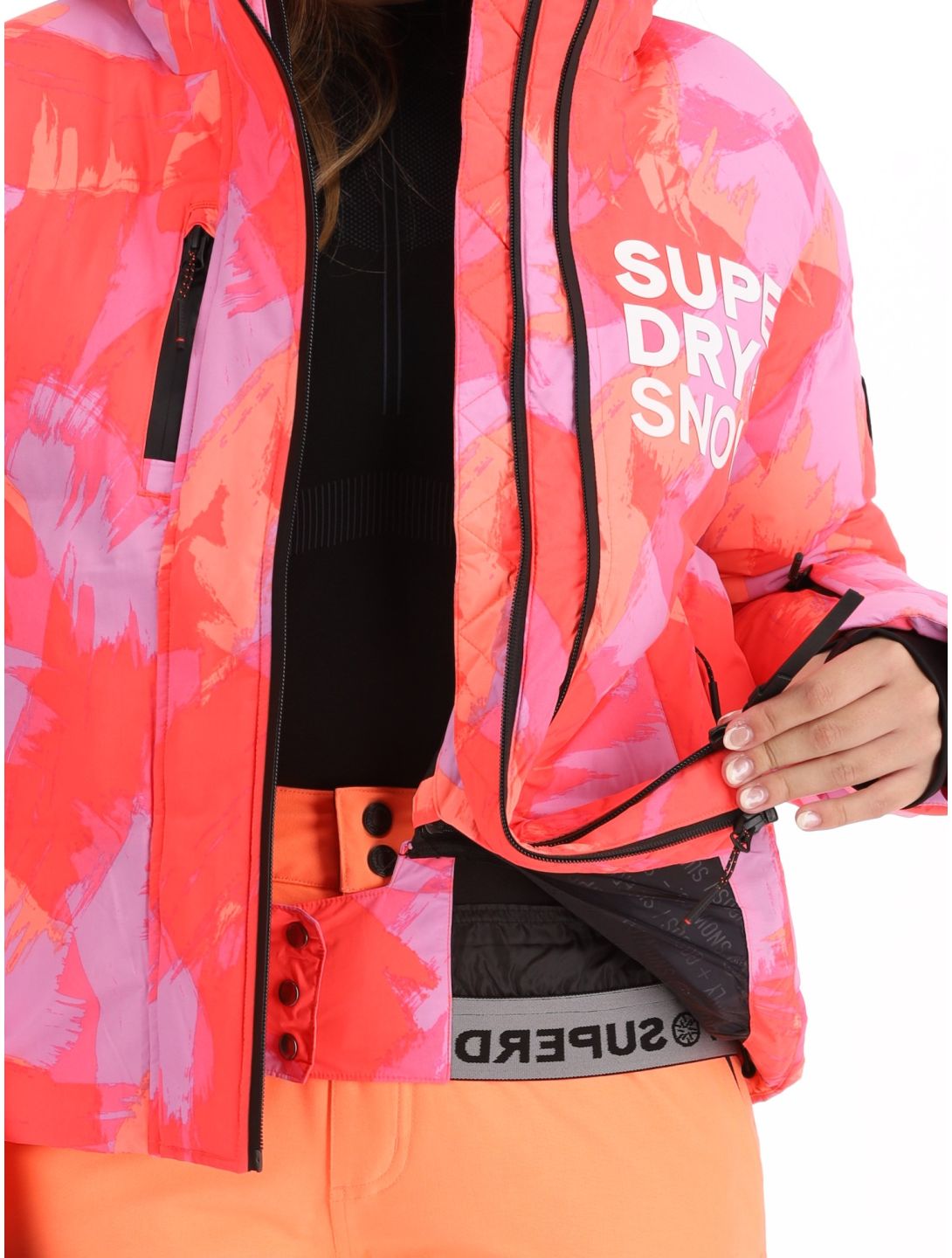 Superdry, Hooded Ski Boxy Puffer chaqueta de esquí mujeres Brush Camo Coral rosa 