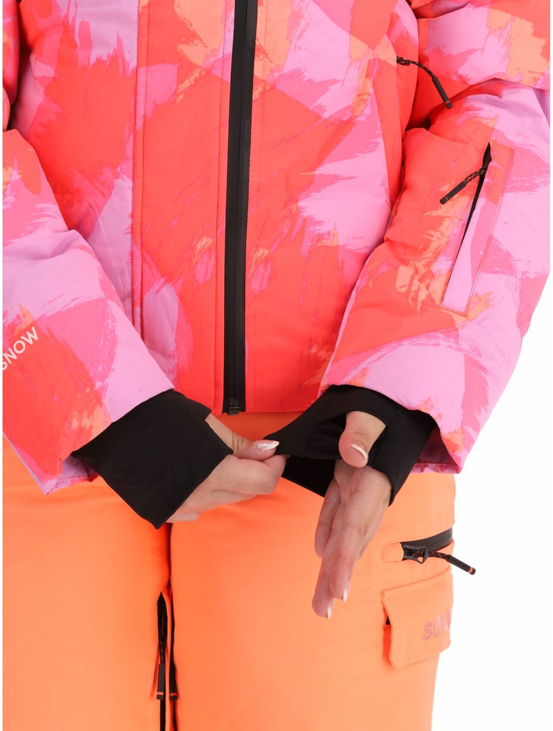 Superdry, Hooded Ski Boxy Puffer chaqueta de esquí mujeres Brush Camo Coral rosa 