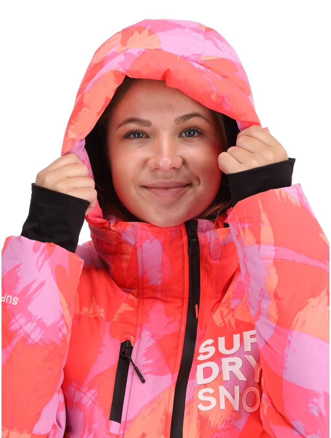 Superdry, Hooded Ski Boxy Puffer chaqueta de esquí mujeres Brush Camo Coral rosa 