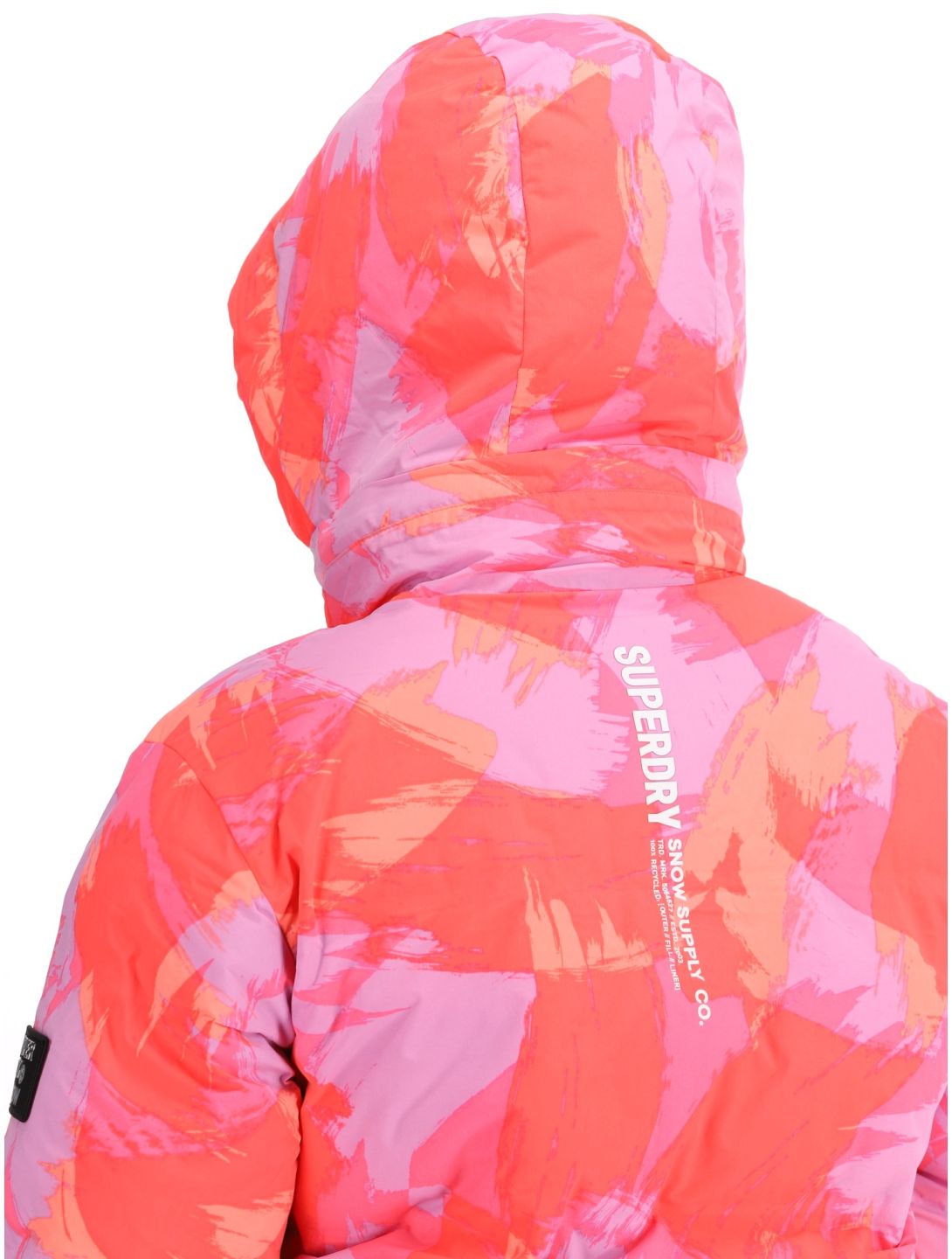 Superdry, Hooded Ski Boxy Puffer chaqueta de esquí mujeres Brush Camo Coral rosa 