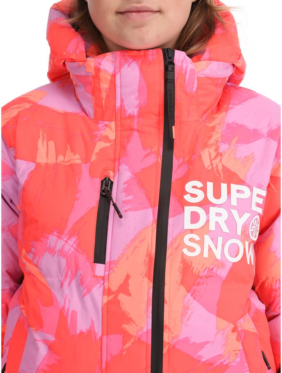 Superdry, Hooded Ski Boxy Puffer chaqueta de esquí mujeres Brush Camo Coral rosa 