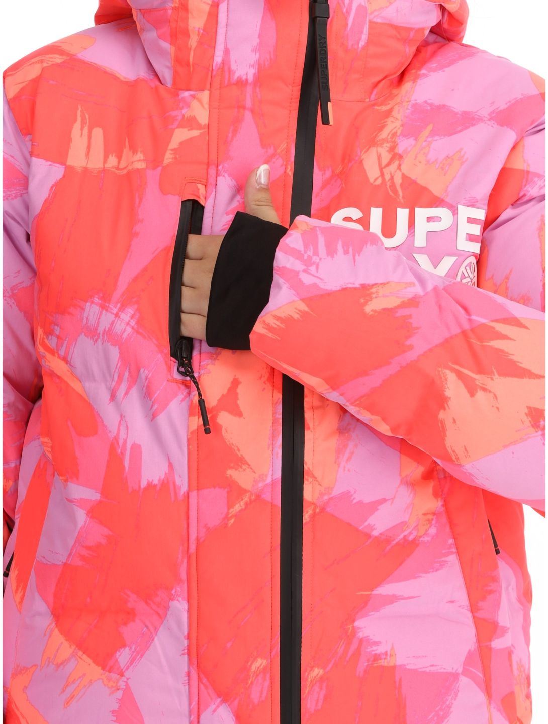 Superdry, Hooded Ski Boxy Puffer chaqueta de esquí mujeres Brush Camo Coral rosa 